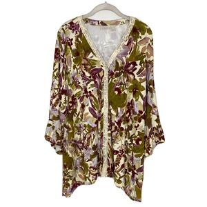 LOGO Lori Goldstein Womens Floral Multicolor V-Neck Soft Cardigan Sweater SZ XL